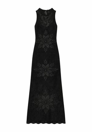 Abito lungo nero senza maniche con collo alto e tre grandi motivi floreali in pizzo sul davanti e orlo smerlato.