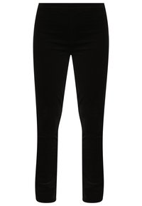 Černé legíny vyrobené z elastického materiálu, s hladkou texturou, přiléhavým silueta a bez viditelných švů nebo ozdob.