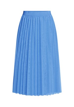 Blauer, mittellanger Plisseerock mit angepasstem Taillenbund und gleichmäßig verteilten, vertikalen Falten auf weißem Hintergrund.