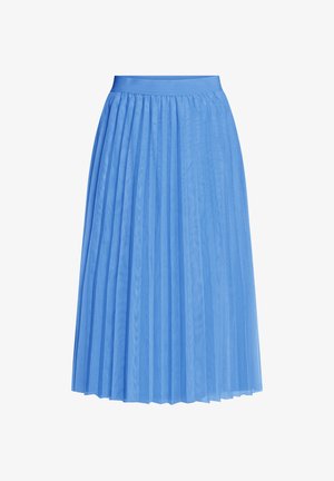 Blauer, mittellanger Plisseerock mit angepasstem Taillenbund und gleichmäßig verteilten, vertikalen Falten auf weißem Hintergrund.