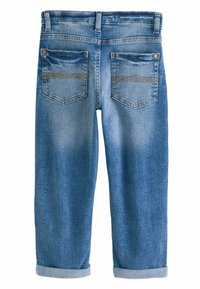 Denim jeans v svetlo modri barvi, z ohlapnim krojem, manšetami na robovih in dvema zadnjima žepoma z dekorativnim zlatim šivom.