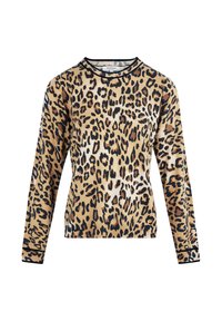 Suéter de leopardo con mangas largas, escote redondo y detalles en negro. Fabricado con un tejido suave que presenta diferentes tonalidades de marrón y manchas negras.