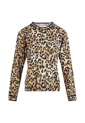 Maglione a stampa leopardata con maniche lunghe, scollatura tonda e dettagli neri. Realizzato in un tessuto morbido con diverse tonalità di marrone e macchie nere.