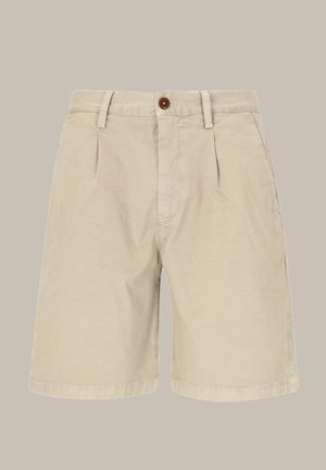 Beige casual shorts with front pleats, belt loops, side pockets, and a single brown button closure.