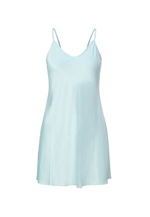 Lichtblauwe zijden slipdress met dunne spaghetti-scheuten en een V-halslijn, met een gladde textuur en vloeiende ontwerp.