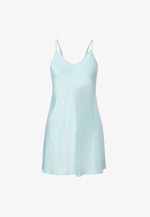 Lichtblauwe zijden slipdress met dunne spaghetti-scheuten en een V-halslijn, met een gladde textuur en vloeiende ontwerp.