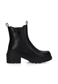 Schwarze Ankle Boots aus glattem Leder mit einem klobigen Absatz und einer strukturierten Gummisohle, ausgestattet mit seitlichen Reißverschlüssen und Hinterlaschen für ein einfaches Anziehen.