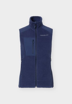 Gilet in pile senza maniche blu navy con cerniera integrale, collo alto, tasca sul petto con zip, tasche laterali e logo sul petto.