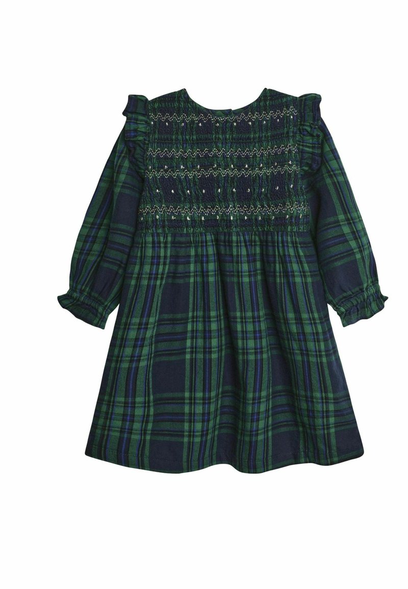 Grünes und marineblaues karierter Kleid mit langen Ärmeln, gerafftem Oberteil und Rüschenmanschetten. Glattes Baumwollgewebe mit horizontalen und vertikalen Streifenmustern.