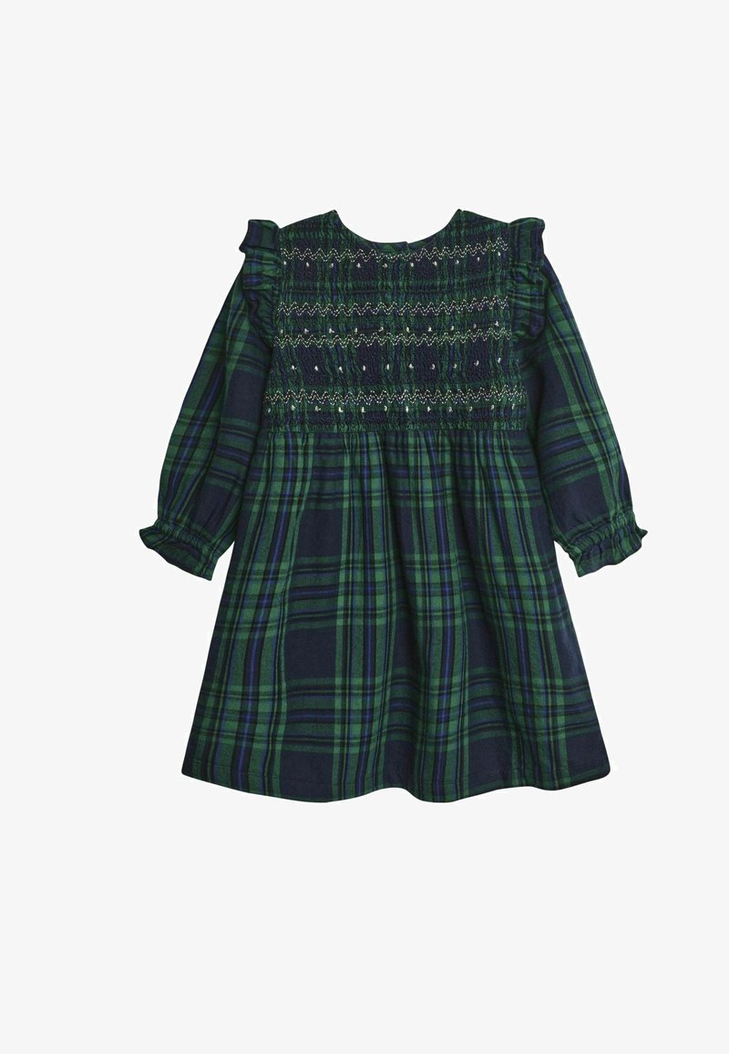 Zelena i mornarsko plava karirana haljina s dugim rukavima, naboranom bustom i volanima na manžetama. Glatka pamučna tkanina s horizontalnim i vertikalnim prugastim uzorcima.