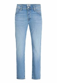Jeans in denim azzurro chiaro con taglio dritto, design a cinque tasche e chiusura con bottone. Tessuto liscio con sottili dettagli di scoloritura.