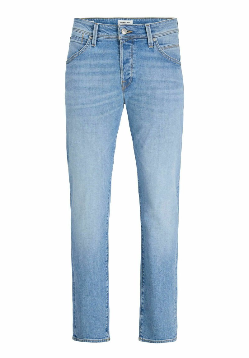 Jeans in denim azzurro chiaro con taglio dritto, design a cinque tasche e chiusura con bottone. Tessuto liscio con sottili dettagli di scoloritura.