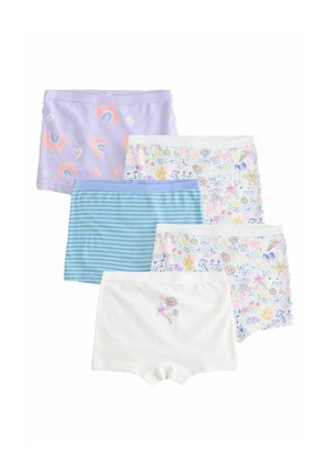 Penkių porų mergaičių bokserinės kelnaitės pastelinėmis spalvomis, su vaivorykštėmis, braižiniais, juostelėmis ir mažais grafikos atspaudais ant medvilnės audinio.