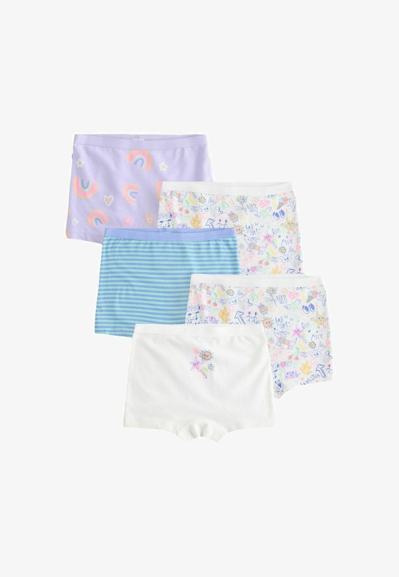 Cinq paires de culottes boxer pour filles aux couleurs pastel, avec des arcs-en-ciel, des griffonnages, des rayures et de petites impressions graphiques sur tissu en coton.