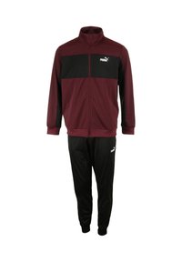 Tuta color bordeaux e nero realizzato in tessuto morbido, con giacca con zip e collare alto e pantaloni abbinati, entrambi con accenti del logo.