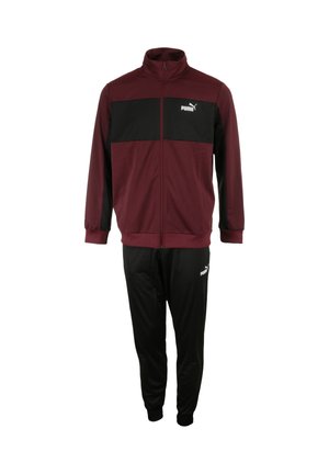 Bordeaux en zwarte trainingspak gemaakt van zachte stof, met een ritsjack met hoge kraag en bijpassende broek, beide met logo-accenten.