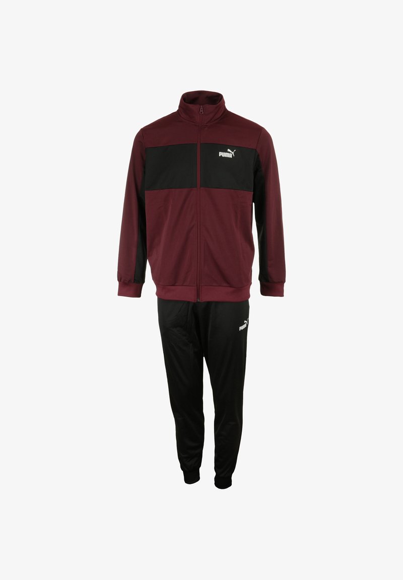 Tuta color bordeaux e nero realizzato in tessuto morbido, con giacca con zip e collare alto e pantaloni abbinati, entrambi con accenti del logo.