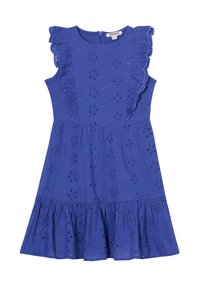 Blaues Baumwollkleid mit kurzen Rüschensäumen, Lochstickerei und einem ausgestellten Rock. Hat einen Reißverschluss auf der Rückseite zur Schließung.