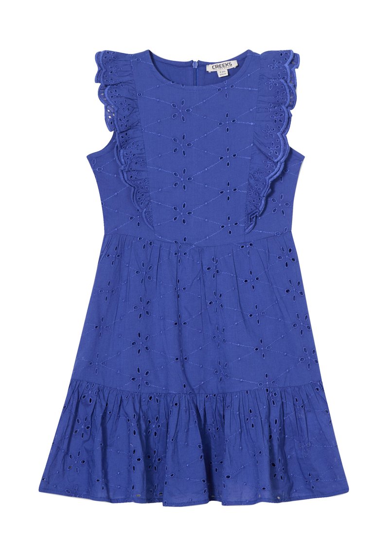 Blaues Baumwollkleid mit kurzen Rüschensäumen, Lochstickerei und einem ausgestellten Rock. Hat einen Reißverschluss auf der Rückseite zur Schließung.