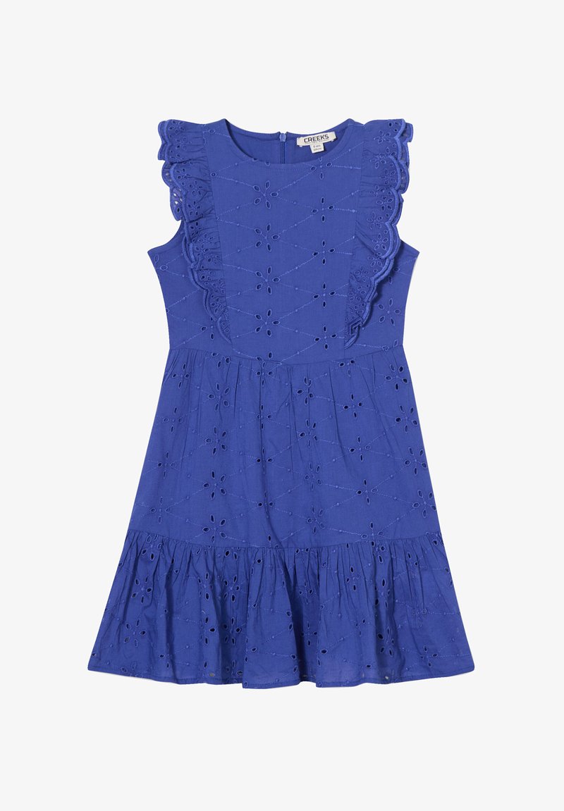 Blaues Baumwollkleid mit kurzen Rüschensäumen, Lochstickerei und einem ausgestellten Rock. Hat einen Reißverschluss auf der Rückseite zur Schließung.