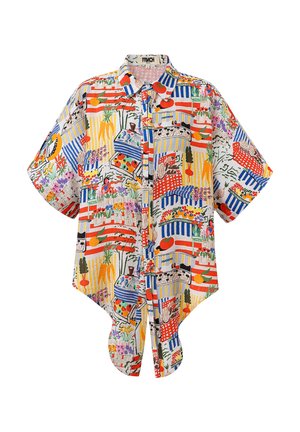 Korte mouw, gekraagde shirt met een kleurrijk botanisch patroon van groenten en bloemen op een lichte achtergrond. De zoomlijn loopt gebogen aan de zijkanten.