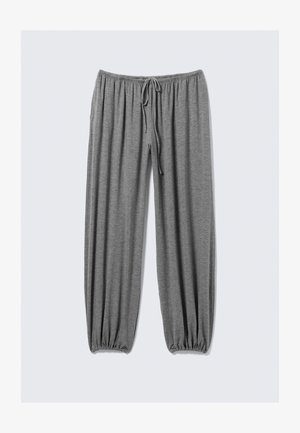 Pantalon de survêtement gris à coupe décontractée avec taille et poignets élastiques, doté d'un cordon de serrage à l'avant.