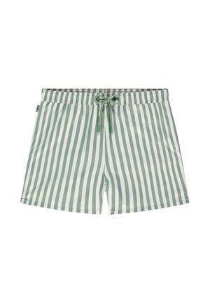 Green and white striped swim shorts made of lightweight fabric. Features an elastic waistband with a drawstring for adjustment.