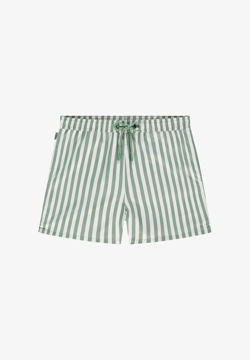 Žalios ir baltos dryžuotos maudymosi šortai, pagaminti iš lengvos medžiagos. Turi elastingą juosmenį su raišteliu, skirtu pritaikymui.