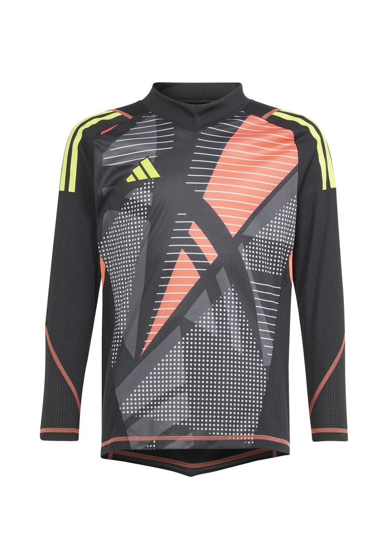 Langermige sportshirt in zwart met levendige oranje en gele geometrische patronen, gemaakt van vochtregulerende stof en met een ronde hals.