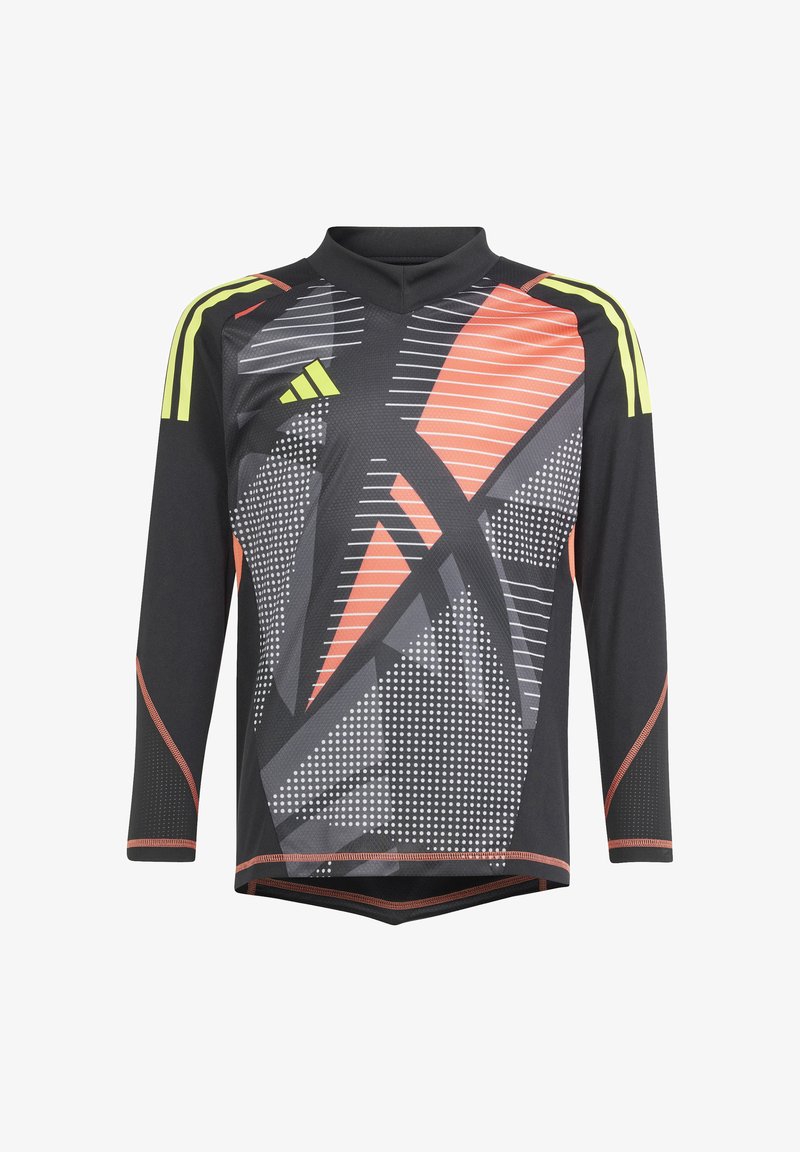 Langermige sportshirt in zwart met levendige oranje en gele geometrische patronen, gemaakt van vochtregulerende stof en met een ronde hals.