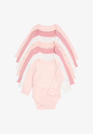 Siete bodies de manga larga para bebé en colores rosa pastel, blanco y rosa con estampados de lazos azules, apilados y superpuestos sobre un fondo blanco.