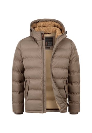 Pufferjacke in hellbraun, mit Reißverschluss und Kapuze. Das Innere verfügt über ein weiches, hellbraunes Fleece-Futter und Seitentaschen.