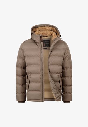 Giacca a vento in marrone chiaro, con chiusura a zip e cappuccio. L'interno è foderato in morbido pile beige e presenta tasche laterali.