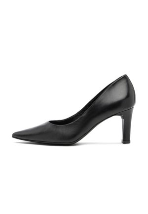 Pump nera in pelle con tacchi alti, punta affusolata e superficie liscia. Presenta un tacco affusolato e un design minimalista, adatta per usi formali.