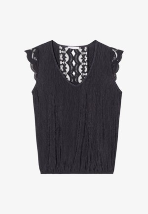 Zwarte mouwloze top met een V-hals, gestructureerde stof en delicate kantaccenten rond de schouders en de rug.