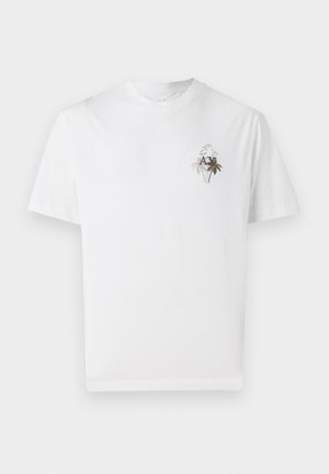 White cotton t-shirt featuring a small embroidered palm tree design in grey and black on the left chest. Short sleeves and crew neckline.