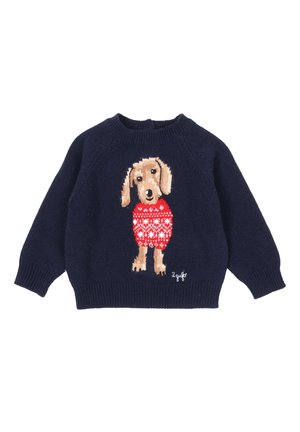 Maglione lavorato a maglia blu navy con maniche lunghe, che presenta un cane marrone che indossa un maglione rosso a fantasia sul davanti.