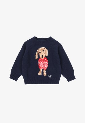 Maglione lavorato a maglia blu navy con maniche lunghe, che presenta un cane marrone che indossa un maglione rosso a fantasia sul davanti.