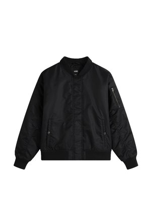 Veste bomber noire, avec une poche zippée, un col et des poignets côtelés, en tissu lisse et avec une coupe décontractée. Pas de logos ni de motifs visibles.
