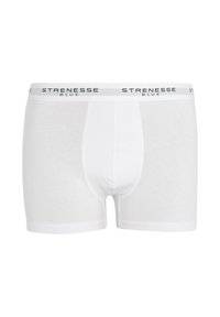 Boxers blancs en tissu doux, avec une ceinture élastique noire portant le texte "STRENESSE BLUE", une coupe ajustée et un design sans coutures.