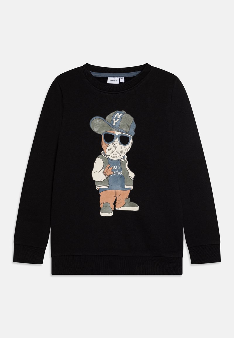 Sweat-shirt noir avec un bulldog de dessin animé portant des lunettes de soleil et une casquette, avec un logo "NY" et le texte graphique "Rock Star" sur le devant.