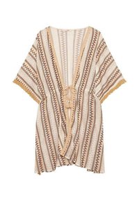 Kimono ligero crema con rayas de patrones marrones y azules, cuello en V y cierre con lazo, con bordes con flecos en las mangas.
