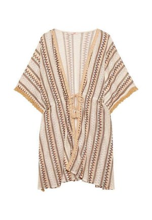 Kimono ligero crema con rayas de patrones marrones y azules, cuello en V y cierre con lazo, con bordes con flecos en las mangas.