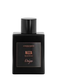 Schwarzer rechteckiger Parfümflakon mit mattierter Oberfläche und zylindrischem Verschluss. Das Etikett zeigt "NIZZA Eau de Parfum" in kupferner Schrift.