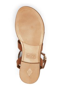 Brown leather sandal with a textured sole, featuring adjustable straps and a gold-colored buckle, size 37.