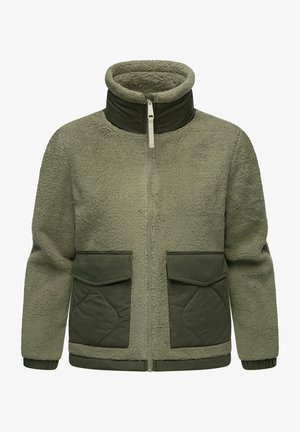 Fleece jacket in olive green, featuring a high collar, zip front, textured body, and two patch pockets with flap closures.