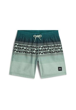 Žalios spalvos gradientinės maudymosi šortai su juodomis horizontaliosiomis juostelėmis, pakartotiniu „O'Neill“ užrašu, elastinga juosmens juosta, raišteliais ir prekinio ženklo logotipo pleduko ant kojos.