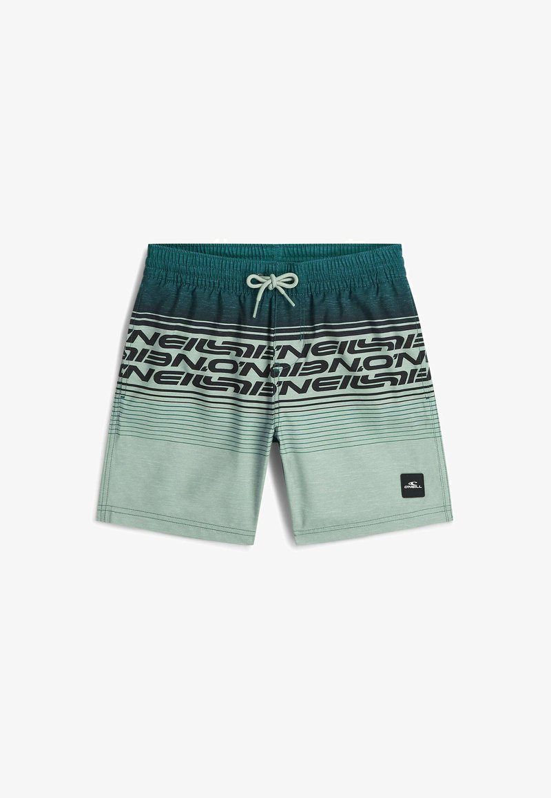Zeleni kopalne hlače z odtenkom, črne vodoravne črte, ponavljajoče se besedilo "O'Neill", elastičen pas, vrvica za zavezovanje in značka znamke na nogi.