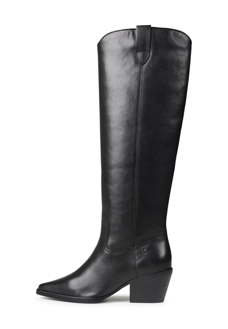 Black leather knee-high boots with a pointed toe and a stacked heel; soft texture with minimal stitching and a looped tab at the top.