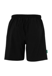 Sorte shorts med elastisk talje, lavet af blødt stof. Har et lille grønt mærke på siden og et enkelt, uprydet design.